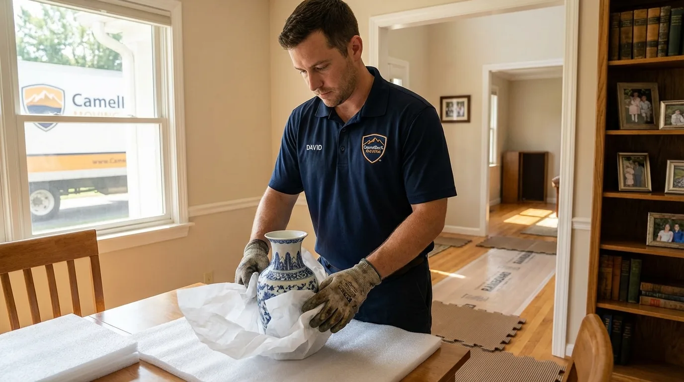 Professional crew carefully wrapping antique vase for senior downsizing move in Waimea, HI