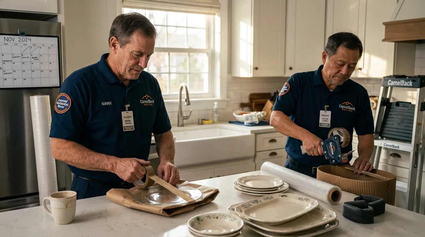 Professional crew packing kitchen dishware in Waimea, HI